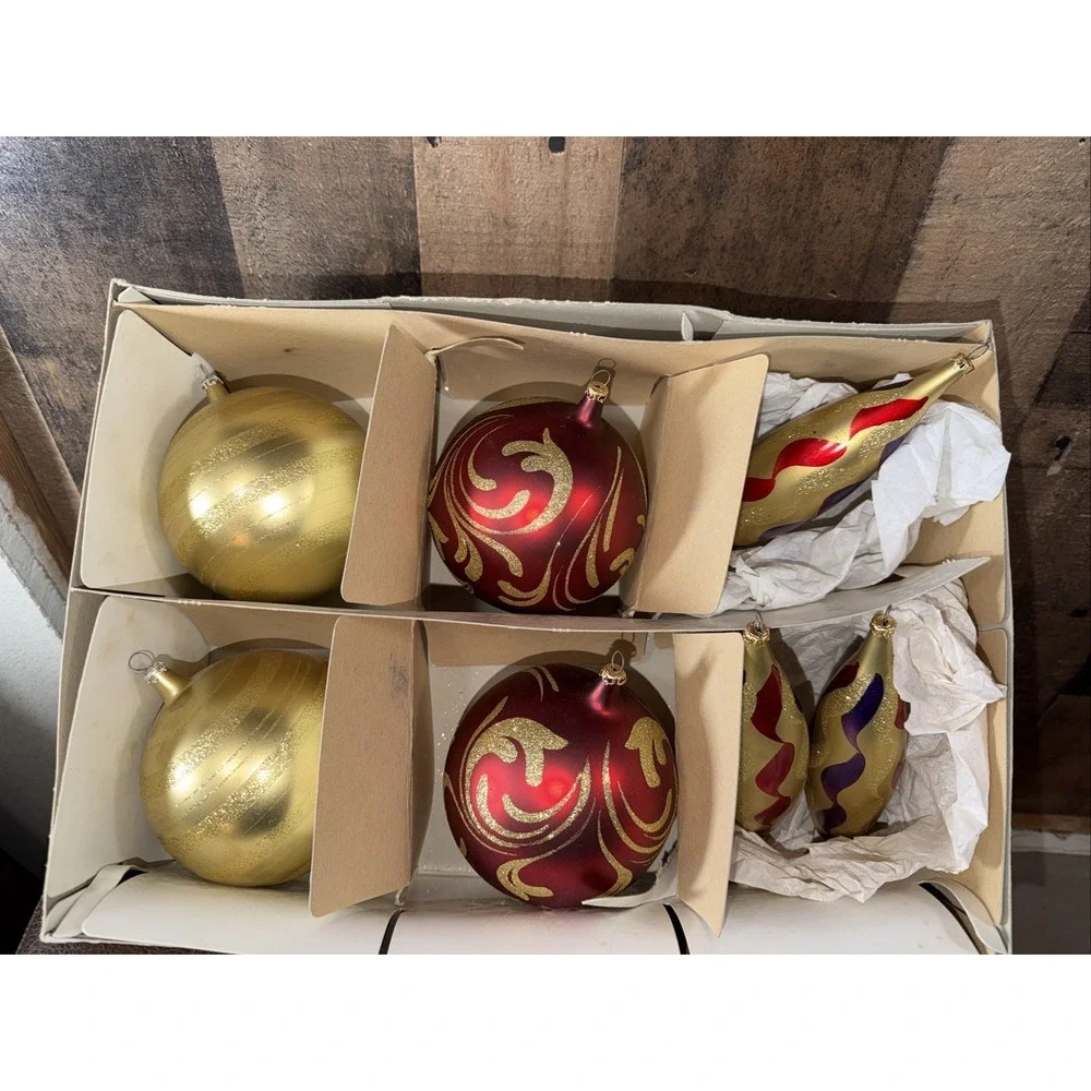 Christmas Ornaments Set of 4 Glitter Red & Gold,  3 Teardrop Swirls Blown Glass
